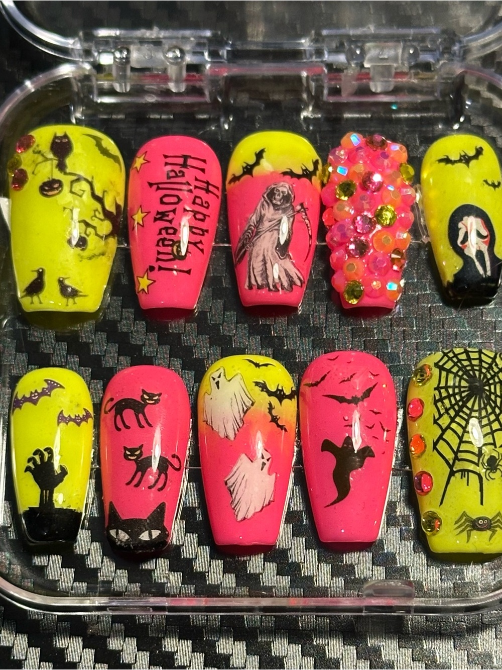 Handmade Custom Halloween Press On Nails Medium Length Coffin Shape Pink Yellow